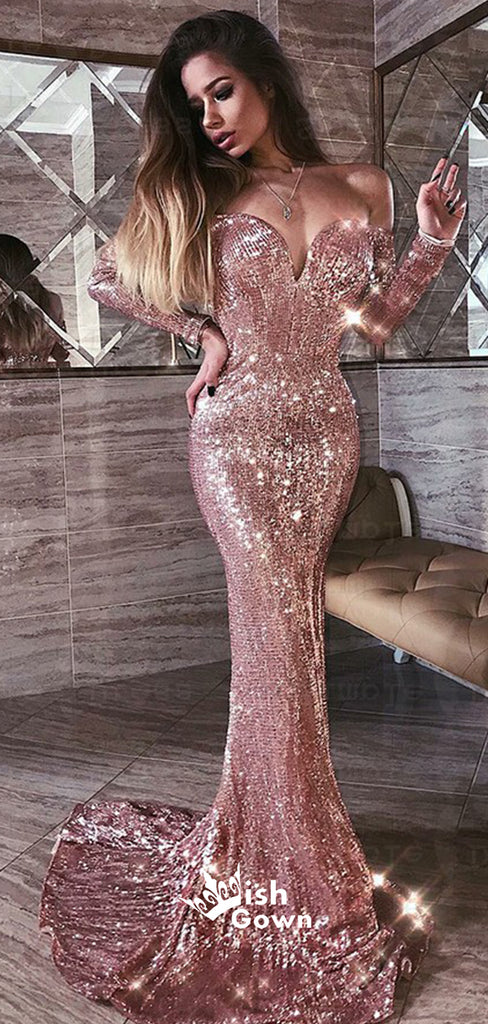 Sparkly Sequin Long Sleeves Off Shoulder Mermaid Long Prom Dresses, WGP108