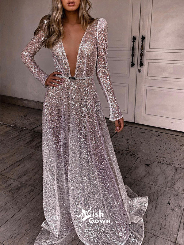 Gorgeous Sequin Long Sleeves Deep V-neck A-line Sexy Long Prom Dresses, WGP109