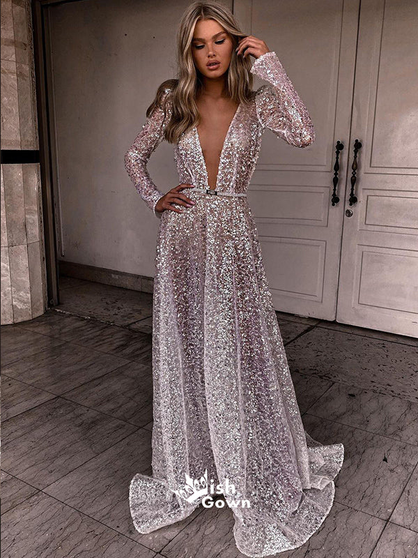 Gorgeous Sequin Long Sleeves Deep V-neck A-line Sexy Long Prom Dresses Wish Gown Gorgeous Sequin Long Sleeves Deep V-neck A-line Sexy Long Prom Dresses Wish Gown