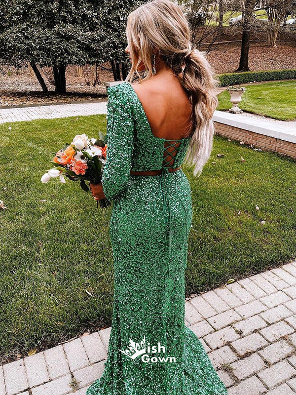 Two Piece Slit Sequins Long Sleeve V-neck Lace Up Mermaid Long Prom Dresses , WGP115
