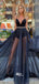 Black Sparkly Spaghetti Strap Chiffon A-line Sheer Train Long Prom Dresses , WGP116