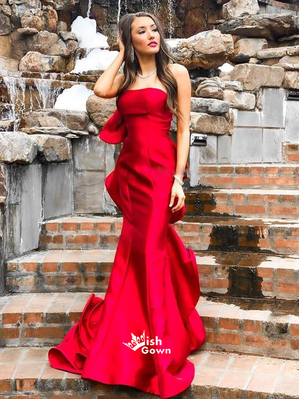 Red Satin Bow-knot Strapless Mermaid Long Prom Dresses , WGP117 Wish Gown Red Satin Bow-knot Strapless Mermaid Long Prom Dresses , WGP117 Wish Gown