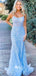 Sky Blue Appliques Tulle Spaghetti Strap Mermaid Long Prom Dresses , WGP118