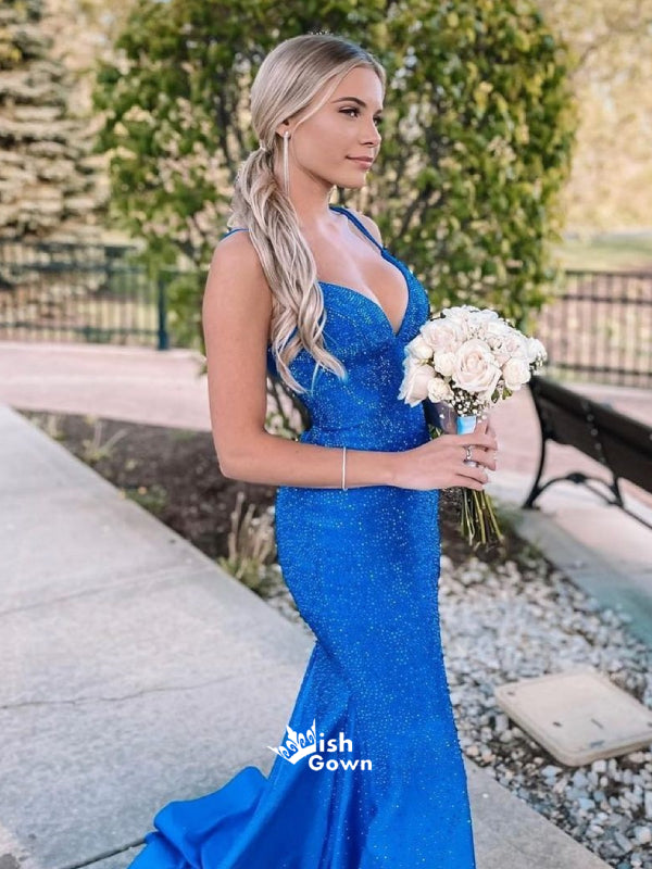Sparkly Sequins Lace Up Back Spaghetti Strap Mermaid Long Bridesmaid Dresses Prom Dresses , WGP123