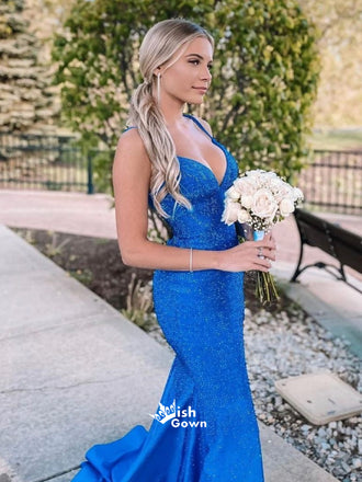 Sparkly Sequins Lace Up Back Spaghetti Strap Mermaid Long Bridesmaid Dresses Prom Dresses , WGP123
