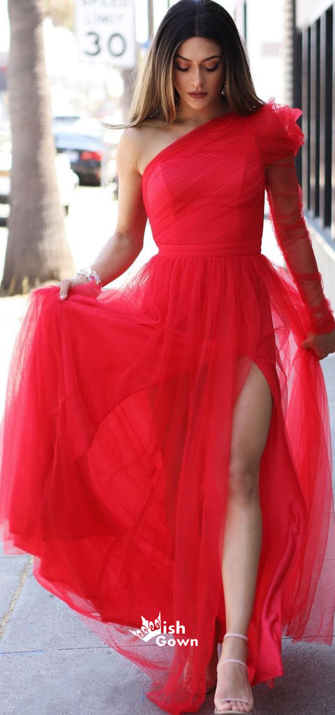 Chic Red Tulle One Shoulder A-line Side Split Long Prom Dresses , WGP124