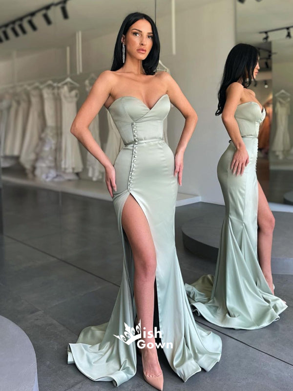 Sage Green Strapless Button Side Split Mermaid Long Evening Gowns Prom ...