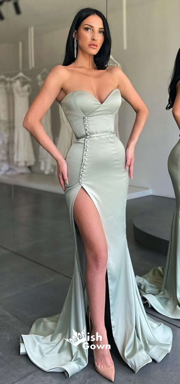 Sage Green Strapless Button Side Split Mermaid Long Evening Gowns Prom Wish Gown Sage Green Strapless Button Side Split Mermaid Long Evening Gowns Prom Wish Gown