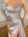 Champagne Pleats Satin Sequins Slits Sexy Mermaid Evening Gowns Prom Dresses , WGP134