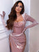 Dusty Pink Pleats Velvet Long Sleeves Mermaid Evening Gowns Prom Dresses , WGP135