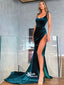 Dark Green Spaghetti Straps Velvet Sexy Slits Mermaid Evening Gowns Prom Dresses , WGP136