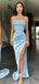 Sky Blue Strapless Sequins Top Soft Satin Pleats Slits Mermaid Evening Gowns Prom Dresses , WGP143