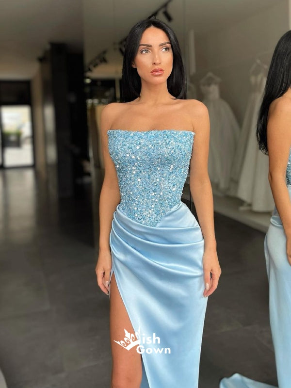 Sky Blue Strapless Sequins Top Soft Satin Pleats Slits Mermaid Evening Gowns Prom Dresses , WGP143