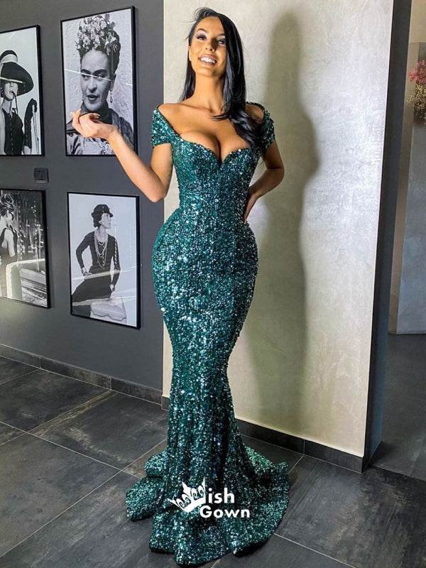 Sexy Off Shoulder Dark Green Sequins Mermaid Evening Gowns Prom Dresses , WGP150