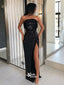 Black Sequins Strapless High Slits Sheath Evening Gowns Prom Dresses , WGP151