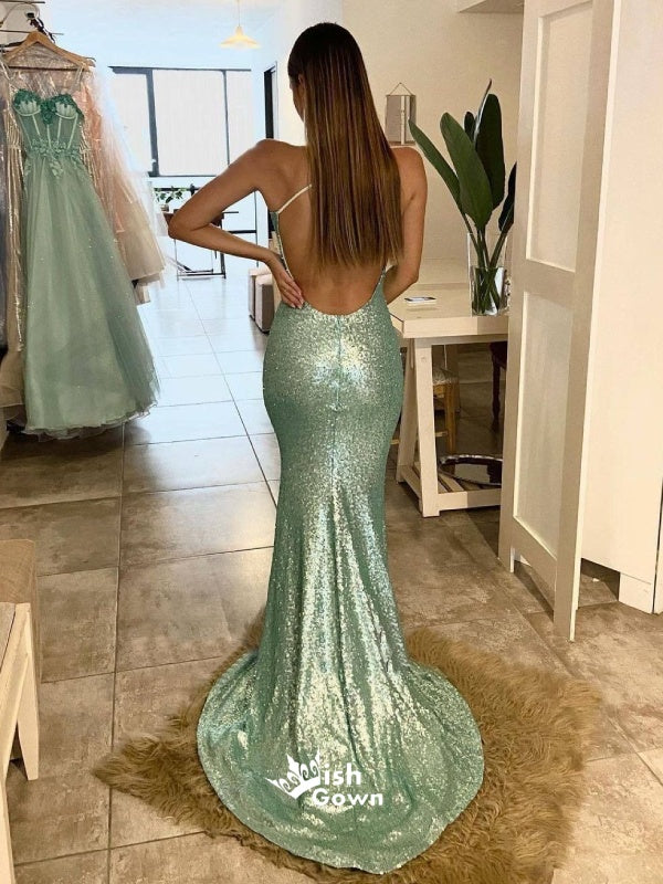 Sexy Light Green Spaghetti Strap Sequins Mermaid Evening Gowns