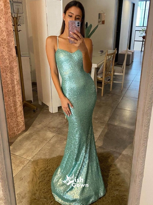 Sexy Light Green Spaghetti Strap Sequins Mermaid Evening Gowns Prom Dr Wish Gown Sexy Light Green Spaghetti Strap Sequins Mermaid Evening Gowns Prom Dr Wish Gown