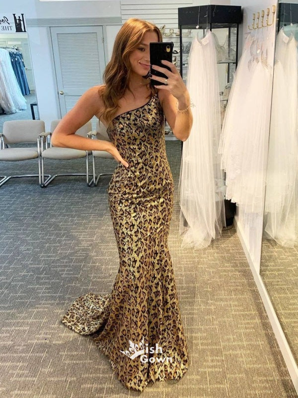 Sparkly Leopard One Shoulder Sequins Mermaid Evening Gowns Prom Dresses , WGP157