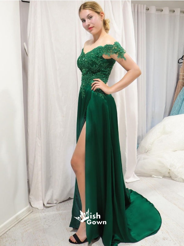 Green Lace Off Shoulder Appliques Slits A-line Evening Gowns Prom Dresses , WGP161