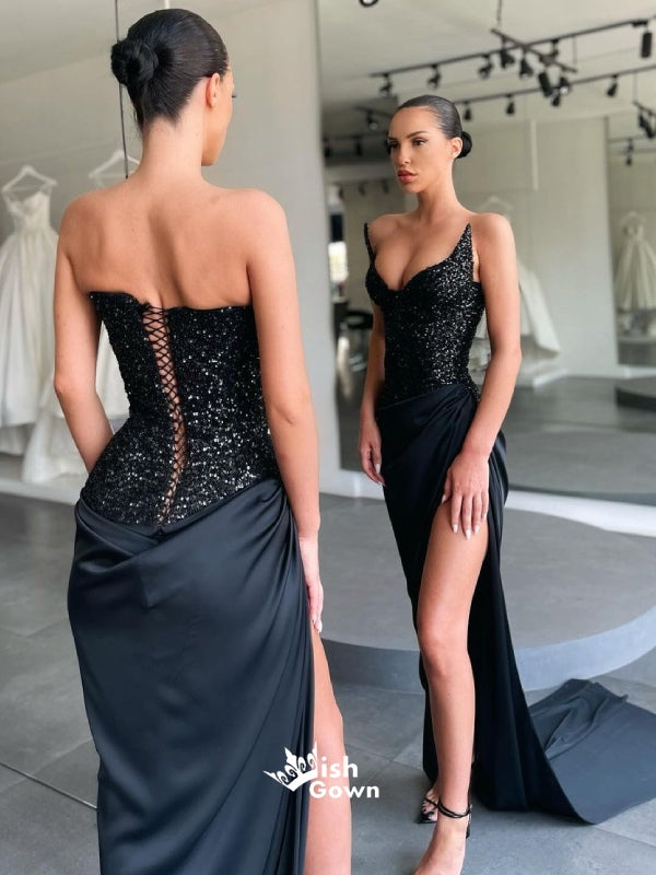 Sexy Black Sequins Top Soft Satin Strapless High Slits Evening Gowns Prom Dresses, WGP167