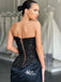 Sexy Black Sequins Top Soft Satin Strapless High Slits Evening Gowns Prom Dresses, WGP167