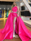 Hot Pink Strapless Satin Pleats Slits A-line Evening Gowns Prom Dresses, WGP172