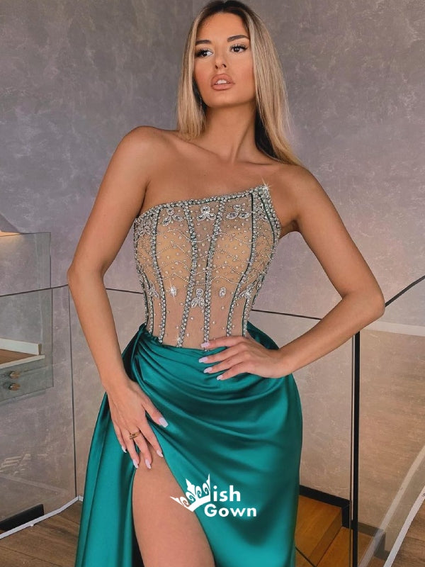 Gorgeous Rhinestone Strapless Green Satin Slits A-line Evening Gowns Prom Dresses, WGP174
