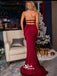 Burgundy Satin Halter Deep V-neck Backless Slits Mermaid Evening Gowns Prom Dresses, WGP176