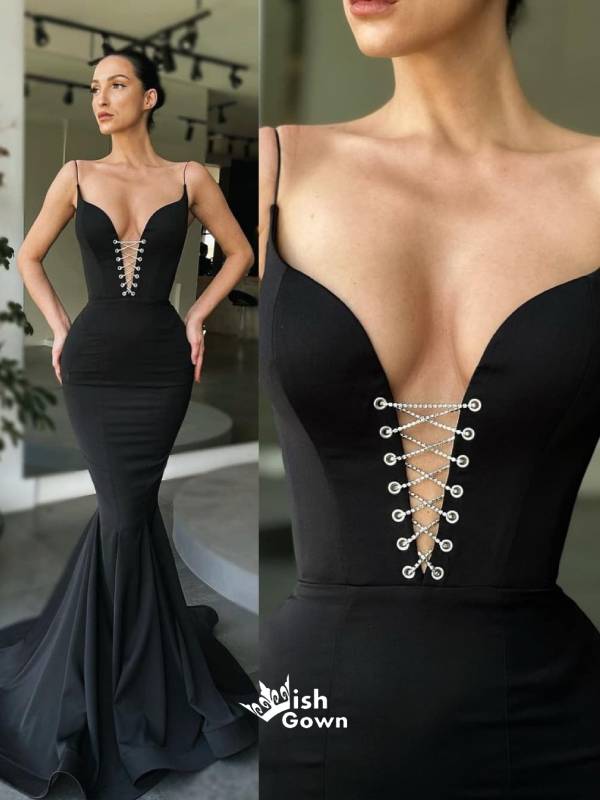 Chic Black Criss Cross V-neck Spaghetti Straps Mermaid Sexy Evening Gowns Prom Dresses, WGP181