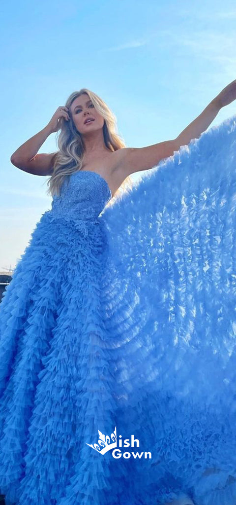 Blue Strapless Ruffled Tulle Layered Popular Long A-line Prom Dresses, WGP191