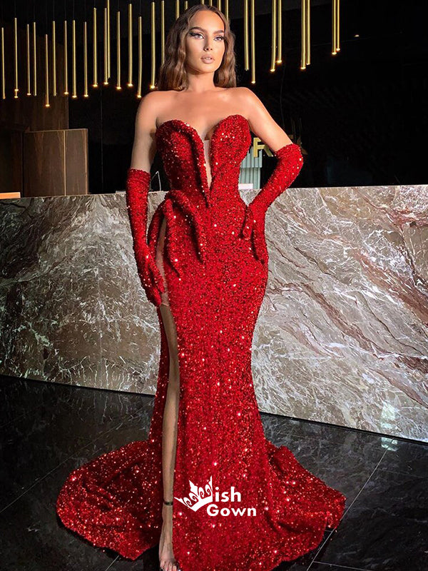 Red Sweetheart Strapless Sparkle Sequins Mermaid Slits Long Prom Dress Wish Gown Red Sweetheart Strapless Sparkle Sequins Mermaid Slits Long Prom Dress Wish Gown