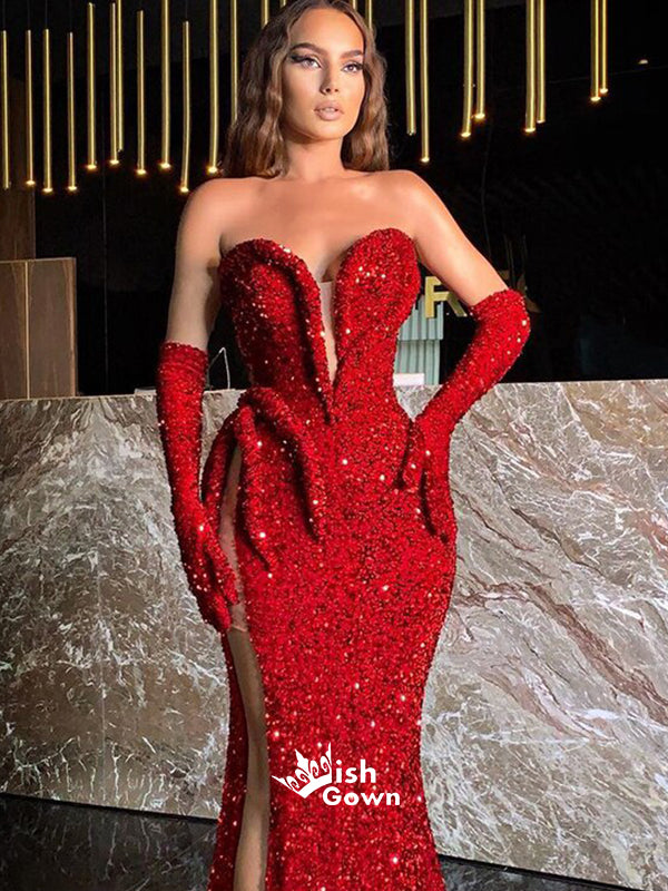 Red Sweetheart Strapless Sparkle Sequins Mermaid Slits Long Prom Dresses, WGP194