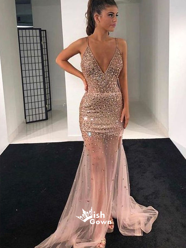 Sexy Spaghetti Straps V-neck Pink Tulle Mermaid Backless Long Prom Dresses, WGP195