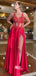 Red Appliques V-neck Spaghetti Straps Satin Slits A-line Evening Gowns Prom Dresses, WGP197