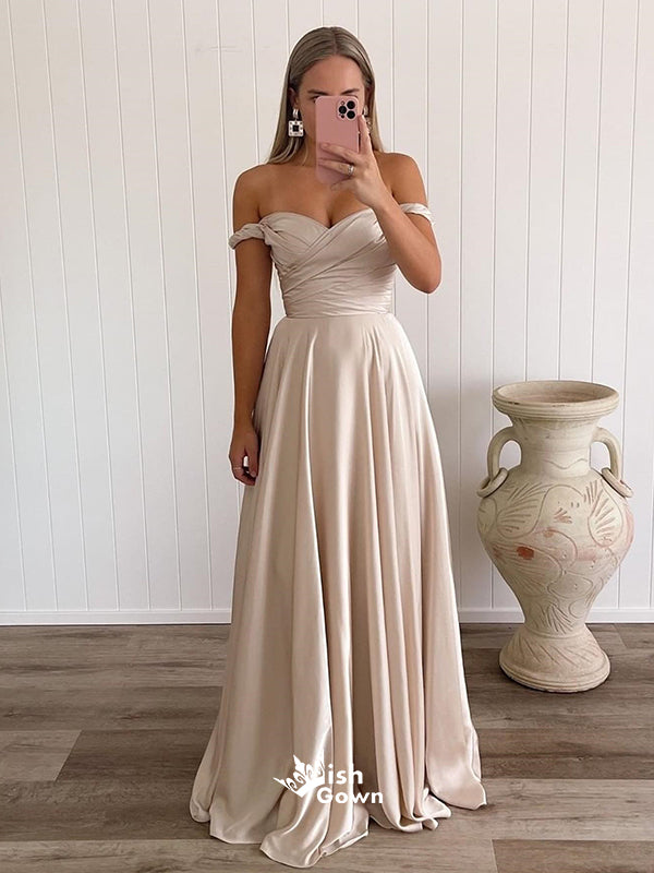 Champagne Off Shoulder Sweetheart Soft Satin Pleats A-line Evening Gowns Prom Dresses, WGP201