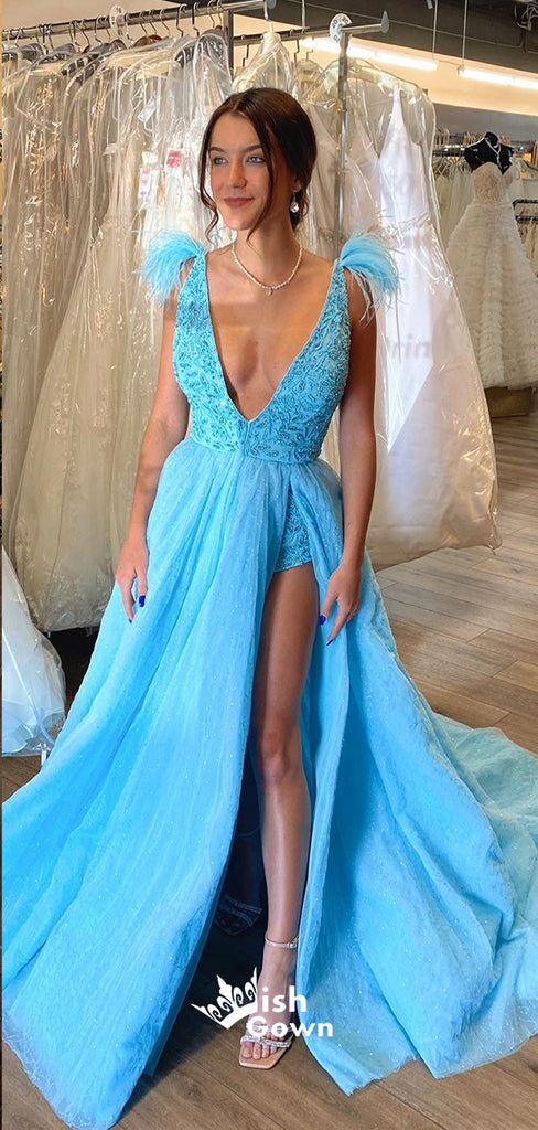 Blue Deep V-neck Appliques Slits Tulle Shinny Long Party Gowns Prom Dresses, WGP215