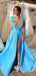 Blue Deep V-neck Appliques Slits Tulle Shinny Long Party Gowns Prom Dresses, WGP215