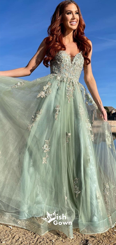 Light Green Spaghetti Straps Appliques Tulle A-line Long Party Gowns Prom Dresses, WGP217