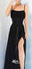 Black Spaghetti Straps Criss Cross Lace-up Slits Sheath A-line Evening Gowns Prom Dresses, WGP222
