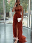 Rust Strapless Lace Sweetheart Thousand Layers Tulle Slits A-line Evening Gowns Prom Dresses, WGP224