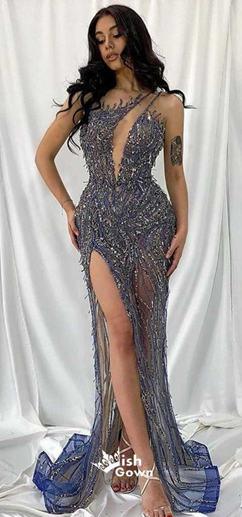 One Shoulder See Through Sequins Slits Sexy Mermaid Evening Gowns Prom Dresses, WGP225