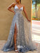 Spaghetti Straps Stars Tulle A-line Slits Backless Evening Gowns Prom Dresses, WGP232