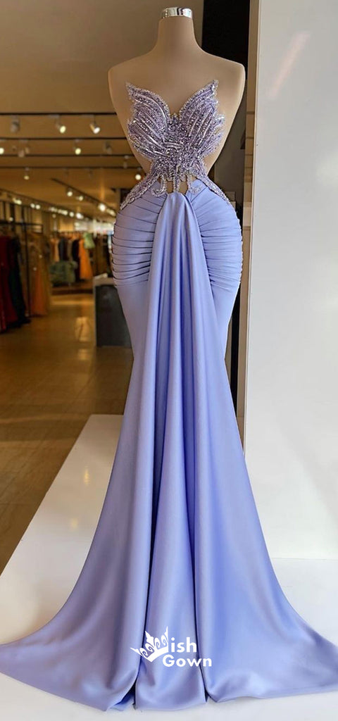 Gorgeous Rhinestones Beads Strapless Backless Mermaid Pleating Soft Satin Evening Gowns Prom Dresses, WGP236