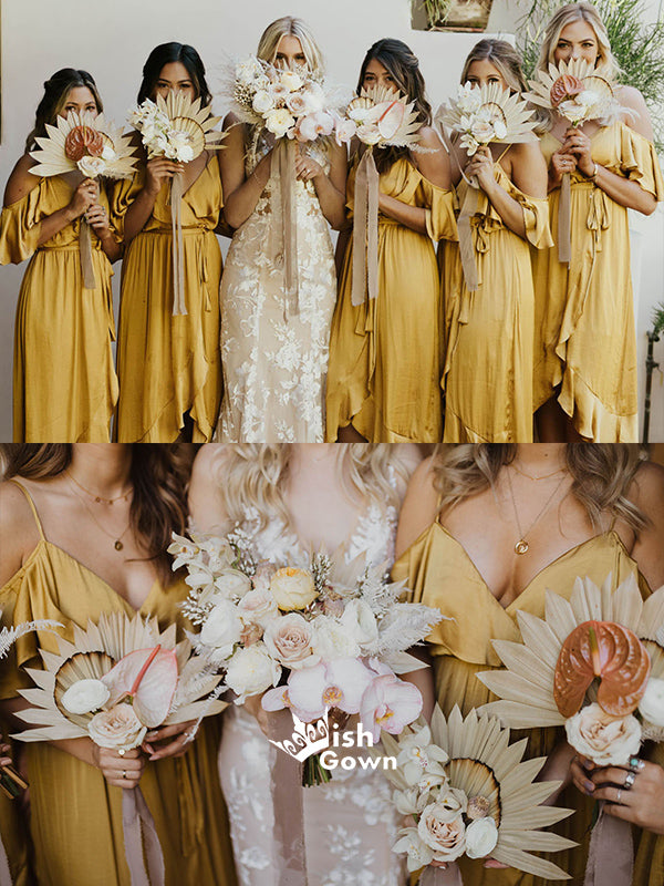 Yellow Ruffles Off Shoulder Spaghetti Straps A-ine Tea-length Bridesmaid Dresses, YPS115