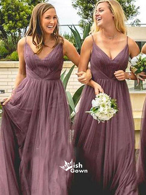 Elegant Purple V-neck Spaghetti Strap Long Bridesmaid Dresses, YPS137