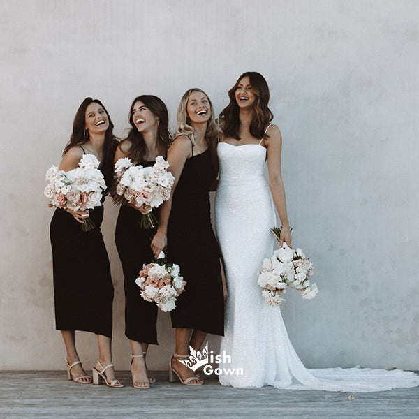 Unique Black Spaghetti Strap Side Split Tea-length Bridesmaid Dresses, Wish Gown Unique Black Spaghetti Strap Side Split Tea-length Bridesmaid Dresses, Wish Gown