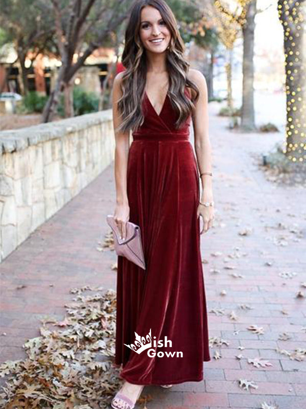 Elegant Burgundy V-neck Velvet Long Wedding Guest Dresses Bridesmaid D Wish Gown Elegant Burgundy V-neck Velvet Long Wedding Guest Dresses Bridesmaid D Wish Gown