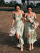 Elegant Green Soft Satin Spaghetti Strap V-neck Side Split Tea-length Bridesmaid Dresses, YPS156