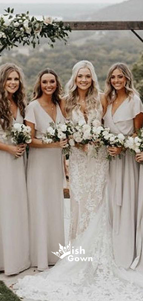 Elegant Light Grey V-neck Short Sleeves Long Chiffon Bridesmaid Dresses, YPS158