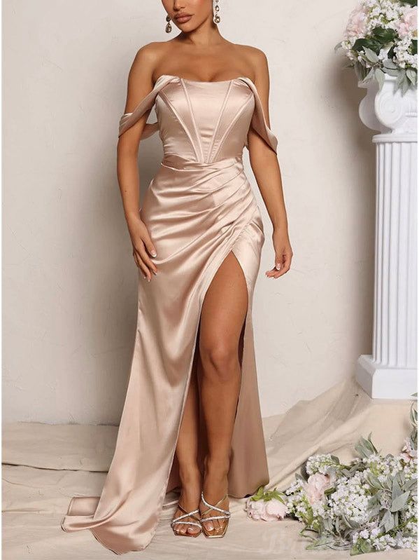 Sexy Champagne Mermaid Off Shoulder High Slit Maxi Long Evening Prom Dresses,WGP265
